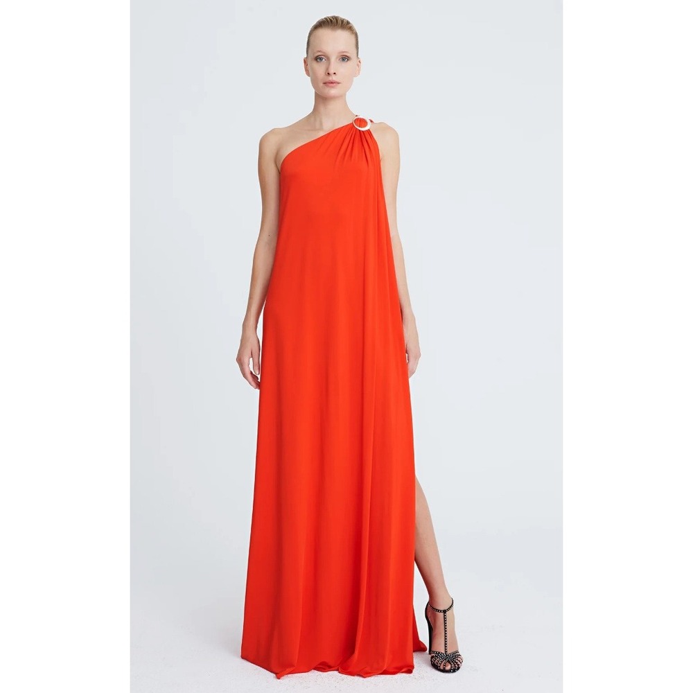 Halston Elyce One Shoulder Maxi Dress 10 Red Vermillion Gown Ring Detailβ